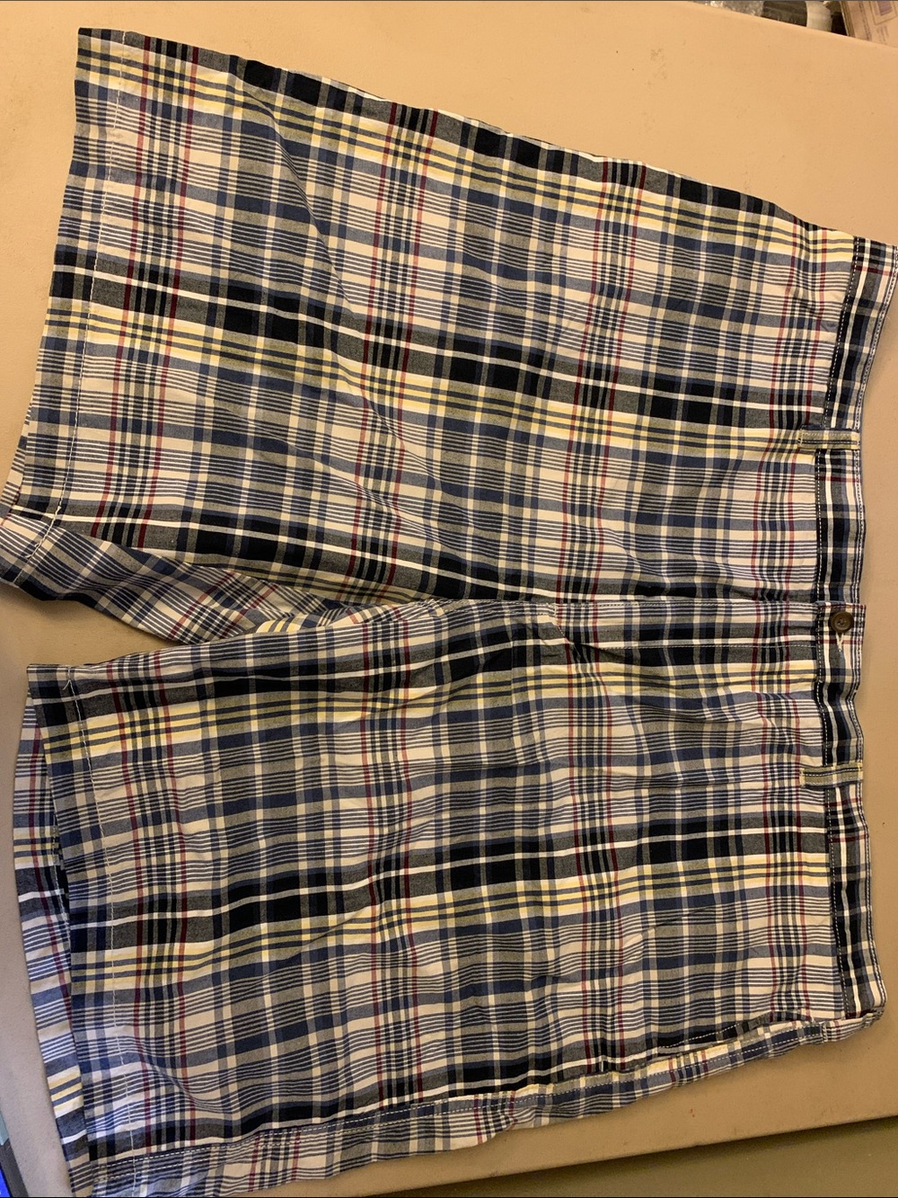 Men's Navy & Cream Plaid Cotton Shorts with Red Accents